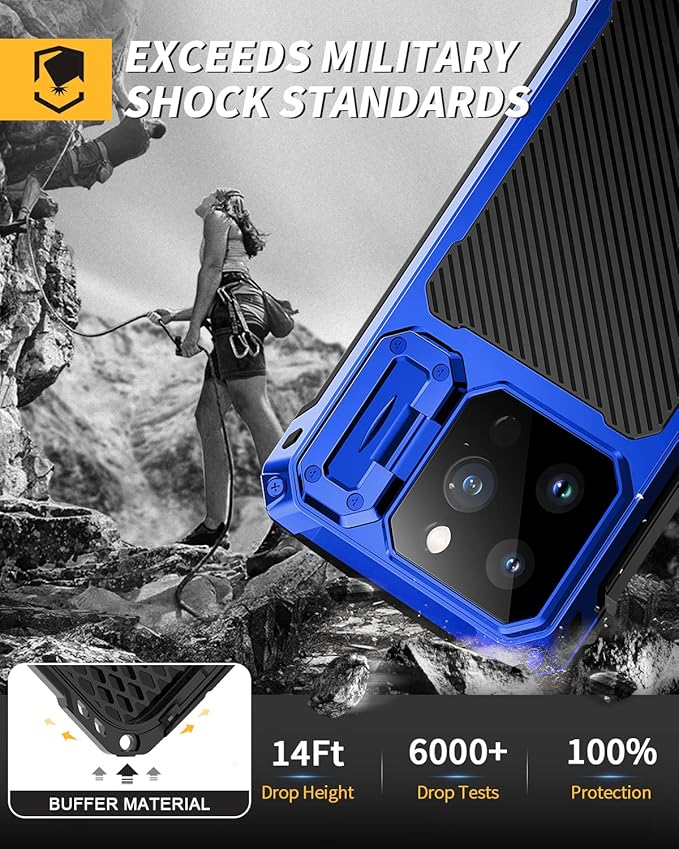 Lanhiem Magnetic for iPhone 14 Pro Metal Case, [Built-in Camera Kickstand & Glass Screen Protector] Heavy Duty Full Body Rugged Protective Military Magsafe Cover for iPhone 14 Pro 6.1" (Blue)