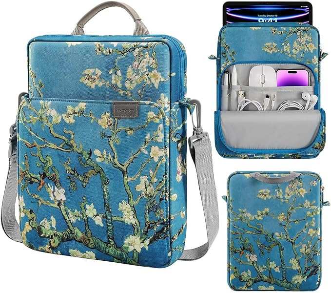 MoKo 9-11 Inch Tablet Sleeve Bag Handle Carrying Case with Shoulder Strap for iPad Pro, Air, 10th, 9/8/7, Air 5/4, Tab S8/S9, Apricot Flower