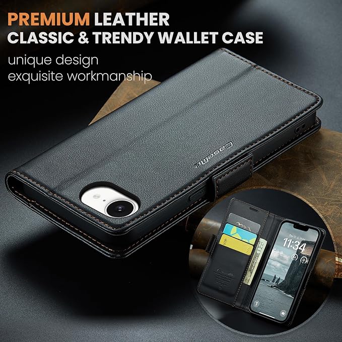 for Apple iPhone 16e Case, Premium PU Leather Wallet Case Flip Cover with [RFID Blocking][Card Holder][Stand Function] Shockproof Protective for iPhone 16E 6.1", Black