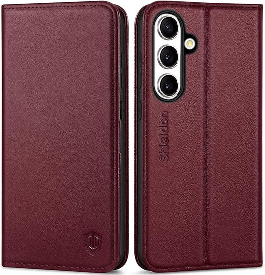 SHIELDON Case for Galaxy S25+ Plus 6.7", Genuine Leather Wallet Flip Magnetic Cover RFID Blocking Credit Card Slot Kickstand Shockproof Protective Case Compatible with Galaxy S25+ - Nappa Wine Red