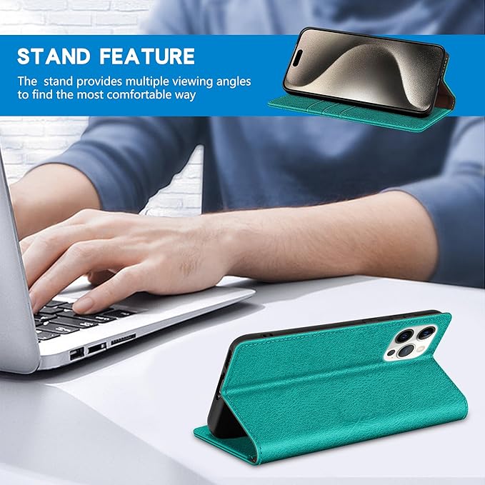 ZZXX for iPhone 15 Pro Max Wallet Case with [RFID Blocking] Card Slot Stand Strong Magnetic Leather Flip Fold Protective Phone Case for iPhone 15 Pro Max Case Wallet(Lake Blue-6.7 inch)