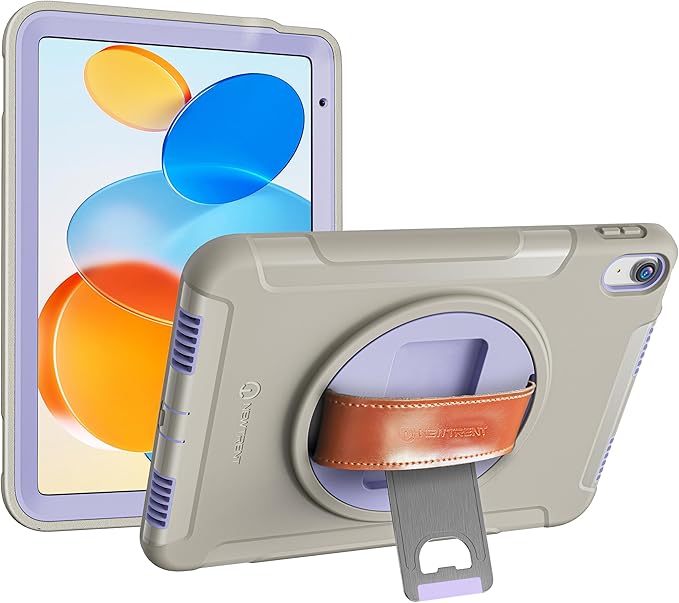 Original Rugged iPad Case for iPad 11 (A16) 11-inch (2025) & iPad 10th Gen 10.9-inch (2022) | 360° Rotating Kickstand, Genuine Leather Hand Strap, Built-in Screen Protector (Purple Grey)