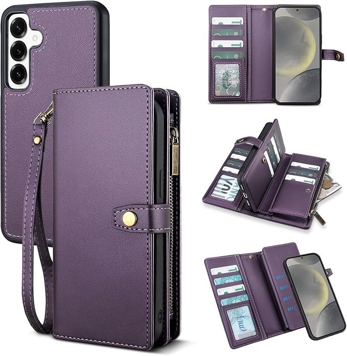 TwoHead for Samsung Galaxy S24 Wallet Case with Card Holder,Detachable Magnetic Phone Case for Galaxy S24,PU Leather Shockproof Protective Phone Cover Wallet with Wrist Strap(6.1 in,Deep Purple)