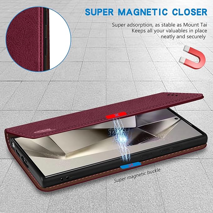 ZZXX for Samsung Galaxy S25 Ultra Wallet Case with [RFID Blocking] Card Slot Stand Strong Magnetic Leather Flip Fold Protective Phone Case for Samsung Galaxy S25 Ultra Case Wallet(Wine Red-6.8 inch)