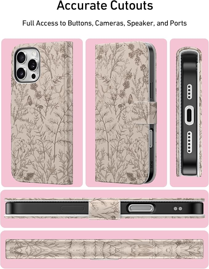 DEENAKIN for iPhone 16 Pro Wallet Case with Card Holder + Cash Clip, RFID-Blocking, Military-Grade Drop Protection, Magnetic Closure with Leather Kickstand - Serene Foliage