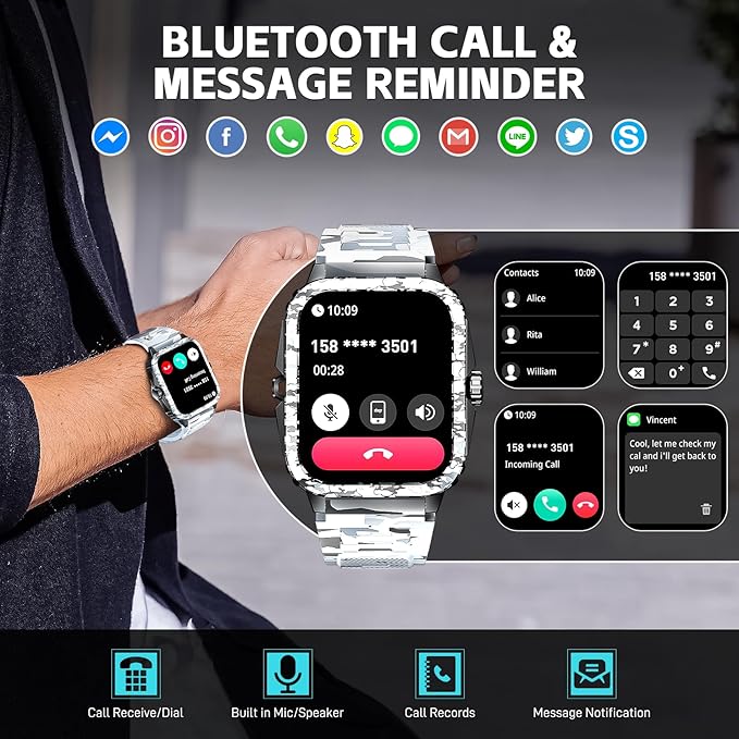 Military Smart Watches for Men (Make/Answer Call) 1.96" Screen Outdoor Activity Tracker with 100+ Sport Modes Health Monitor 3ATM Waterproof Smartwatch (Camouflage Grey)