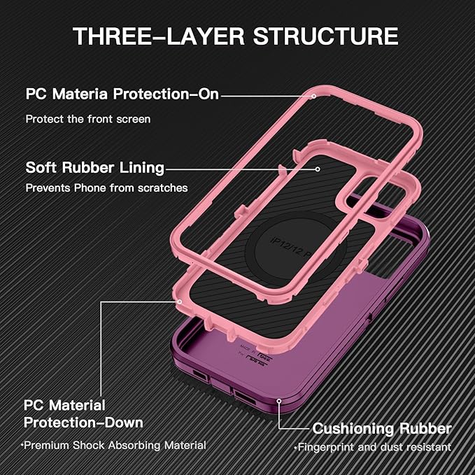 for iPhone 12 Case,iPhone 12 Pro Case [Compatible with MagSafe] Shockproof 3-Layer Full Body Protection Rugged Heavy Duty Cover for Apple iPhone 12/12 Pro 6.1",Purple/Pink