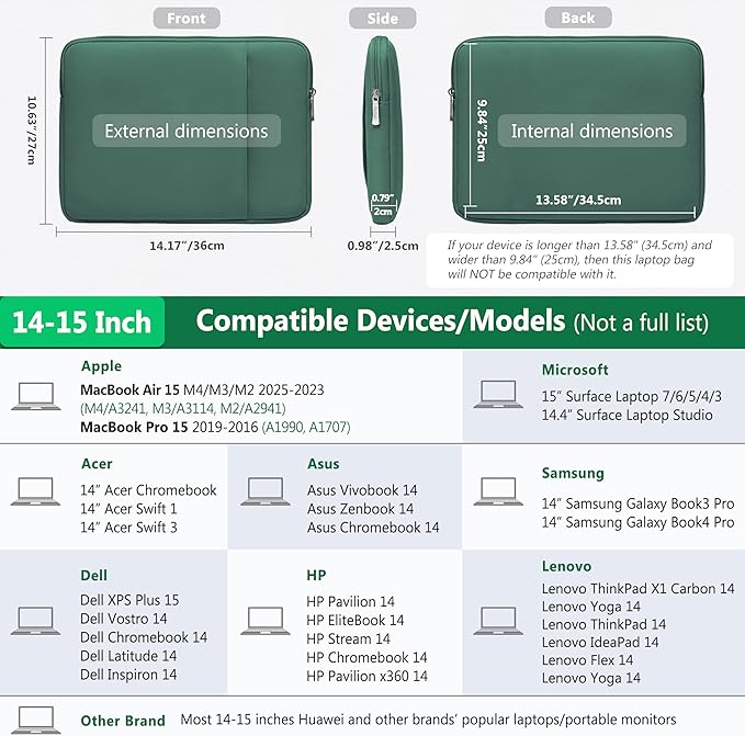 HYZUO 14-15 Inch Laptop Sleeve Bag Set for MacBook Air 15 M4/M3/M2, MacBook Pro 15, XPS 14/15 Plus, 15" Surface Laptop, Notebook Case for 14" HP Lenovo ThinkPad Asus Acer Huawei, Jungle Green