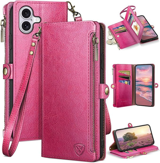 XcaseBar Compatible with iPhone 17 6.3" Wallet case with Zipper Credit Card Holder【RFID Blocking】,Flip Folio Book PU Leather Phone case Shockproof Cover Women Men for Apple 17 case Rose Red