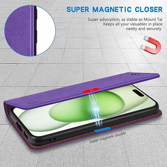 ZZXX for iPhone 15 Plus Wallet Case with [RFID Blocking] Card Slot Stand Strong Magnetic Leather Flip Fold Protective Phone Case for iPhone 15 Plus Case Wallet(Purple-6.7 inch)