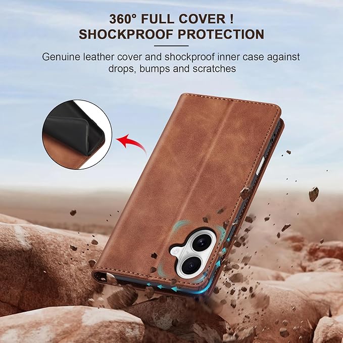 Jasonyu Flip Wallet Case for iPhone 16,Leather Magnetic Folio Cover with Card Holder,Kickstand - TPU Shockproof Durable Protective Phone Case,Brown