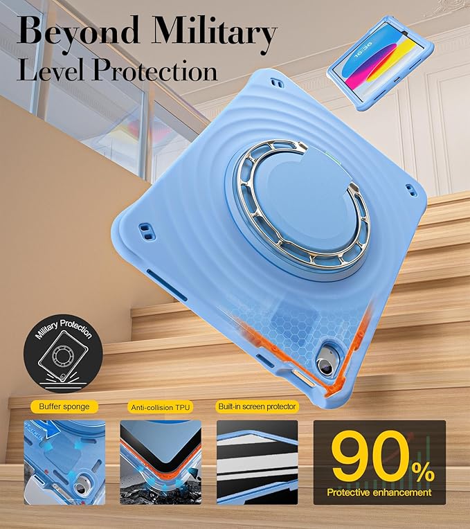 BRAECN Ripple Case for iPad (A16)11th/10th Generation 11/10.9 inch 2025/2022 Zinc Alloy Handle Ring Stand Protective Heavy Duty Screen Protector 360°Rotating 180°Folding Shoulder Strap Full-Body Cover