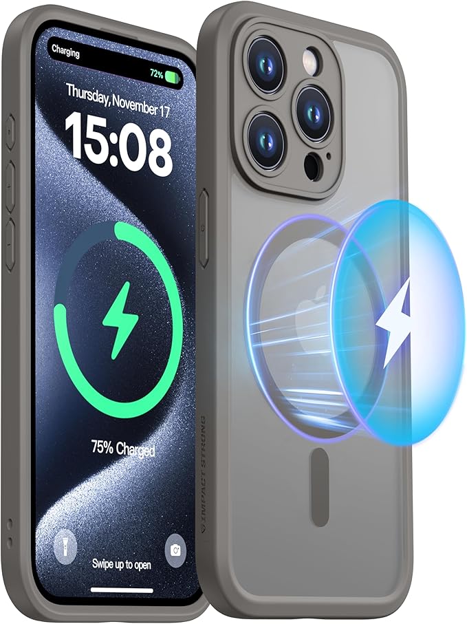 ImpactStrong Magnetic Guard Designed for iPhone 15 Pro Case [Camera Protection] [Military Grade Drop Tested] [Compatible with MagSafe] Slim Translucent Matte Phone Case (6.1") - Gray