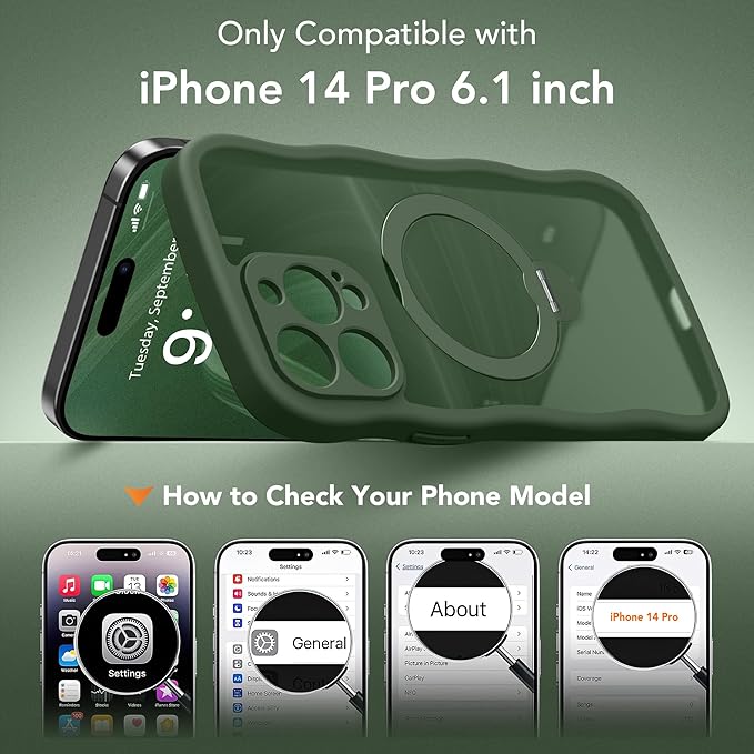 GolbinBox for iPhone 14 Pro Case for Women,[Compatible with Magsafe][360° Spin Magnetic Stand][Cute Wave Edge][Military-Grade Protection] Translucent Matte Phone Case for iPhone 14 Pro, Green