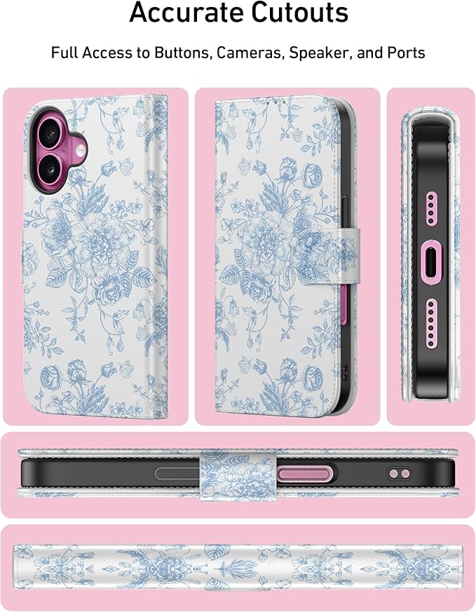 DEENAKIN for iPhone 16 Wallet Case with Card Holder + Cash Clip, RFID-Blocking, Military-Grade Drop Protection, Magnetic Closure with Leather Kickstand - Blue Floral Design