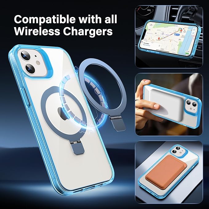 Magnetic Case for iPhone 12/12 Pro - [Built-in Invisible Stand] [Compatible with MagSafe] [Military Grade Drop Protection] Anti-Yellowing Hard Back Silicone Edge Cover, 6.1", Clear Blue