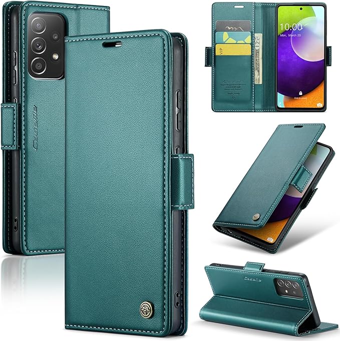 for Samsung Galaxy A52 4G/5G Case, Premium PU Leather Wallet Case Flip Cover with [RFID Blocking][Card Holder][Stand Function] for Samsung Galaxy A52 (5G/4G)/A52s 5G, Blue-Green