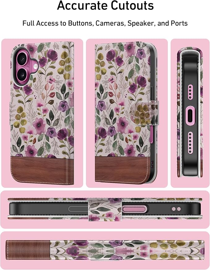 DEENAKIN for iPhone 16 Plus Wallet Case with Card Holder + Cash Clip, RFID-Blocking, Military-Grade Drop Protection, Magnetic Closure with Leather Kickstand - Floral Wallpaper