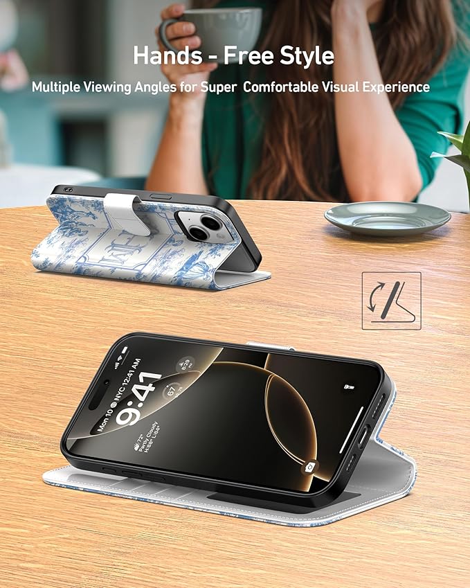 DEENAKIN for iPhone 15 Plus Wallet Case with Card Holder + Cash Clip, RFID-Blocking, Military-Grade Drop Protection, Magnetic Closure with Leather Kickstand - Heritage Artistry