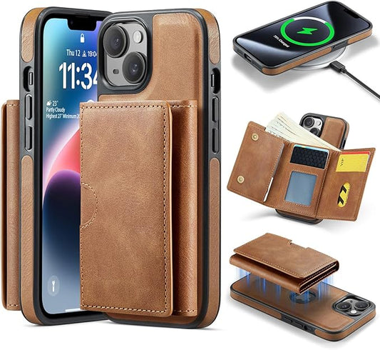 Asuwish Phone Case for iPhone 14 6.1 inch Wallet Magnetic Detachable Cell Cover with Wireless Charging and RFID Blocking Credit Card Holder Flip Stand iPhone14 5G i i-Phone i14 14Case Women Men Brown