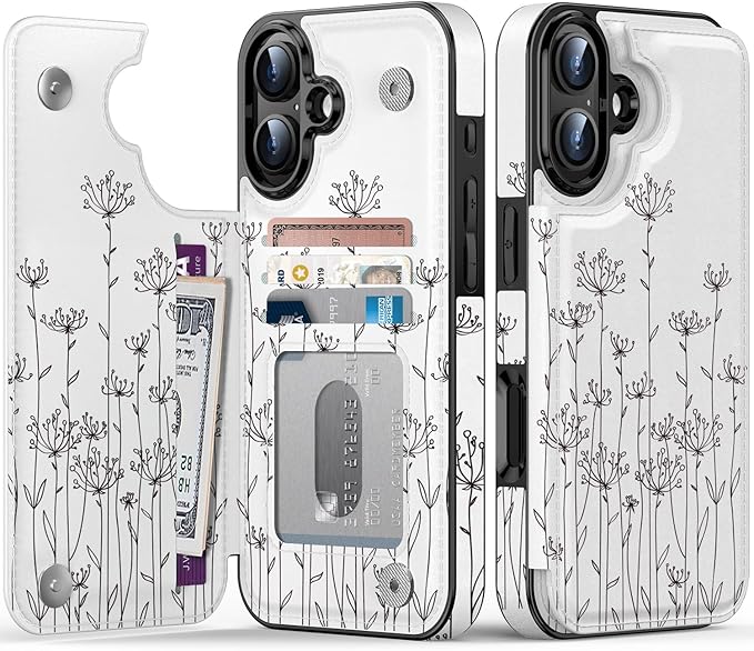 FUNMIKO for iPhone 16 Plus Wallet Case with Card Holder, RFID-Blocking, Military-Grade Protection & UV-Printed Artwork, Magnetic Closure with Leather Kickstand - Elegantly Sketched Flower