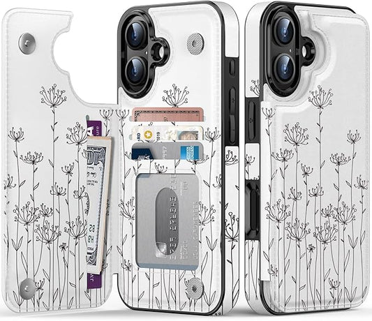 FUNMIKO for iPhone 16 Plus Wallet Case with Card Holder, RFID-Blocking, Military-Grade Protection & UV-Printed Artwork, Magnetic Closure with Leather Kickstand - Elegantly Sketched Flower