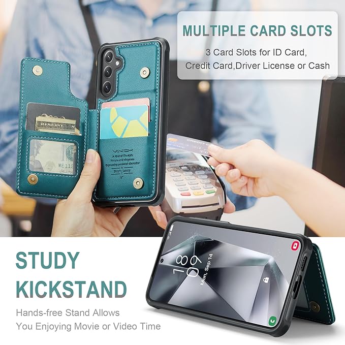 Vinich for Samsung Galaxy S24 Wallet Case with Card Holder, RFID Blocking Credit Slots Kickstand Shockproof Phone Cover for Women Men, Bluish Green