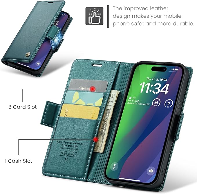 for iPhone 15 Plus Case, Premium PU Leather Wallet Case Flip Cover with [RFID Blocking][Card Holder][Stand Function] Shockproof Protective for iPhone 15 Plus, Blue-Green