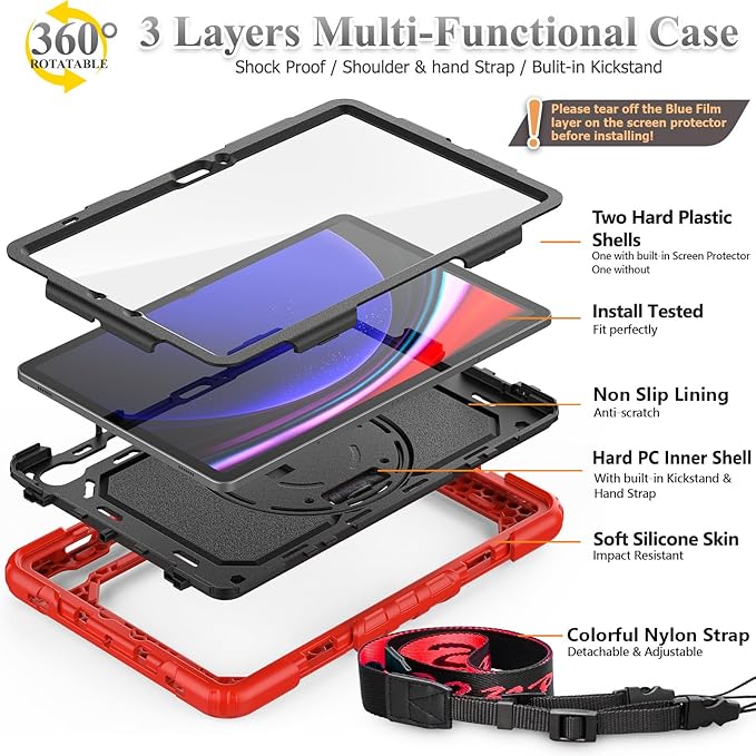 SEYMAC stock Case for Samsung Galaxy Tab S10 Lite / S10 FE / S9 FE 5G / S9 Tablet Case 10.9''/ 11'' Protective with Screen Protector, Pen Holder, 360 Rotate Stand, Hand Strap, Shoulder Strap, Red
