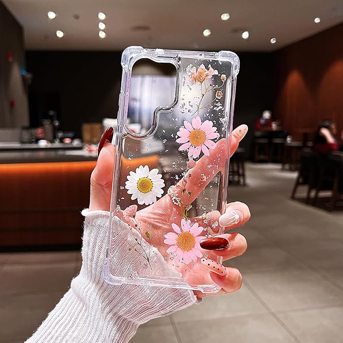 Compatible with Samsung Galaxy S25 Ultra Case Cute Pressed Dried Real Flowers Design Women Girly Shockproof Glitter Floral Clear Phone Cover for Galaxy S25 Ultra (Pink Flower)