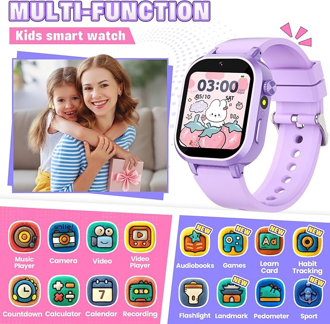 Vakzovy Kids Waterproof Smart Watch Girls Gift Age 3-12 with 39 Game HD Touch Screen Video Camera Music Player Pedometer Alarm Clock Birthday Gift for 6 7 8 9 Year Olds Purple