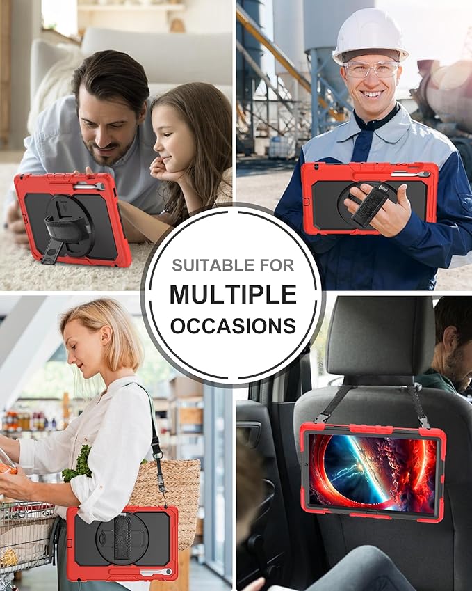 Case for Samsung Galaxy Tab S10 FE Plus 5G Tablet 13.1'', Shockproof Protective Cover with Tempered Glass Screen Protector, Rotatable Kickstand, S Pen Holder, Hand/Shoulder Strap, Red