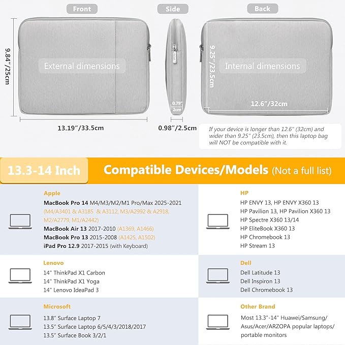 HYZUO 13.3-14 Inch Laptop Sleeve Bag Set for MacBook Pro 14 M4/M3/M2/M1, MacBook Air/Pro 13.3, 13.5"/13.8" Surface Book/Laptop, Notebook Case for 13.3" HP Dell Lenovo Asus Acer, Light Gray