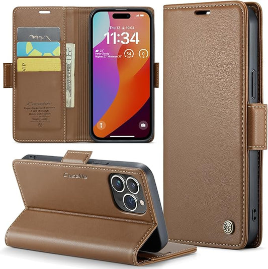 for iPhone 15 Pro Max Case, Premium PU Leather Wallet Case Flip Cover with [RFID Blocking][Card Holder][Stand Function] Shockproof Protective for iPhone 15 Pro Max 6.7", Brown