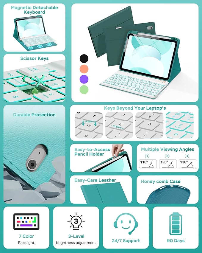 Folio Keyboard Case for iPad 10th Gen 10.9 inch (2022) and iPad 11th (A16, 2025), Magnetic Wireless Detachable Keyboard, 7-Color Backlight, Thin & Light, Pencil Holder (Cyan)