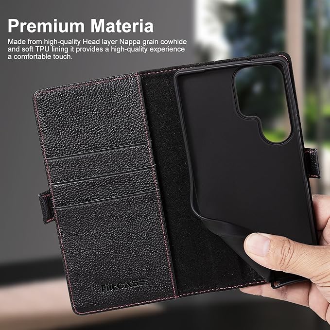 Case for Galaxy S25 Ultra 6.9"-Genuine Leather Folio Wallet Case with Kickstand RFID Blocking Card Holder Magnetic Protective Phone Cover Compatible with Galaxy S25 Ultra 2025 (Black)