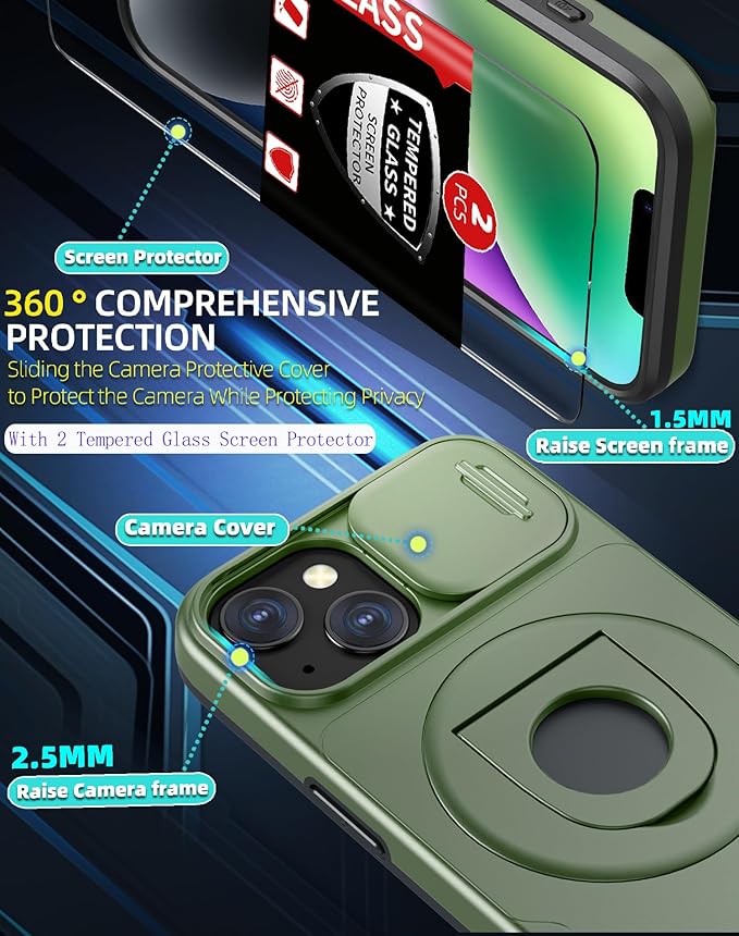 for iPhone 13 Case Magnetic Compatible with MagSafe Wireless Charging,with 2 Screen Protectors,for 13 Case Built-in Kickstand+Camera Cover Anti-Scratch Shockproof Heavy Duty Protection Blue