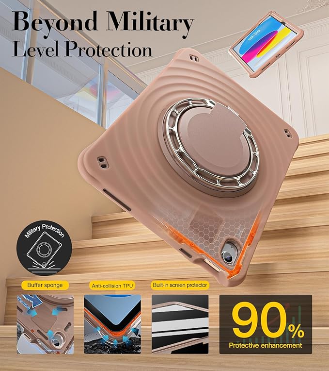 BRAECN Ripple Case for iPad (A16)11th/10th Generation 11/10.9 inch 2025/2022 Zinc Alloy Handle Ring Stand Protective Heavy Duty Screen Protector 360°Rotating 180°Folding Shoulder Strap Full-Body Cover