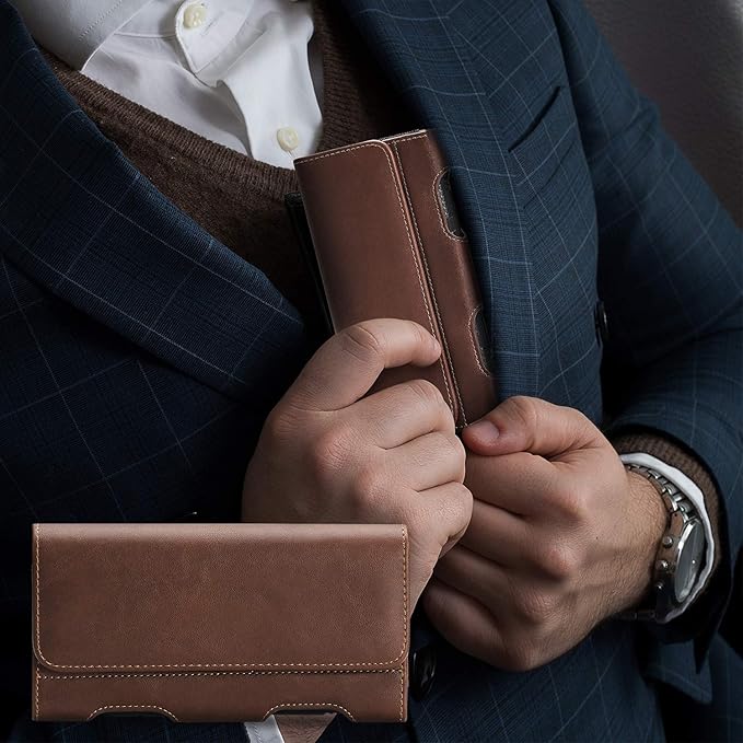 BECPLT for iPhone 17 Pro Max 16/15/14/13/12/11 Plus Holster Case Belt Clip Case Leather Holster Pouch with Card Holder for Galaxy S25+ S24/S23/S22/S21 Plus Brown