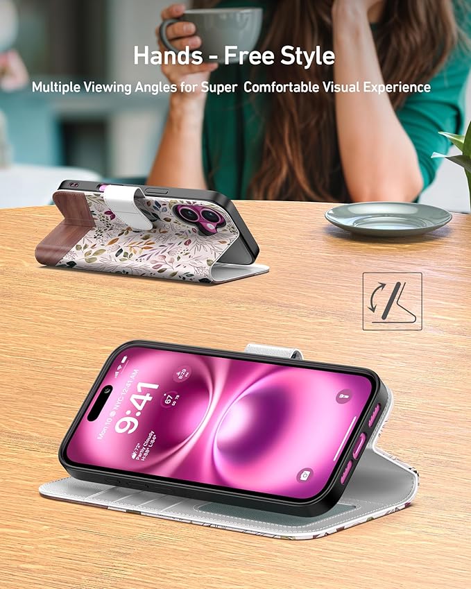 DEENAKIN for iPhone 16 Wallet Case with Card Holder + Cash Clip, RFID-Blocking, Military-Grade Drop Protection, Magnetic Closure with Leather Kickstand - Vibrant Foliage