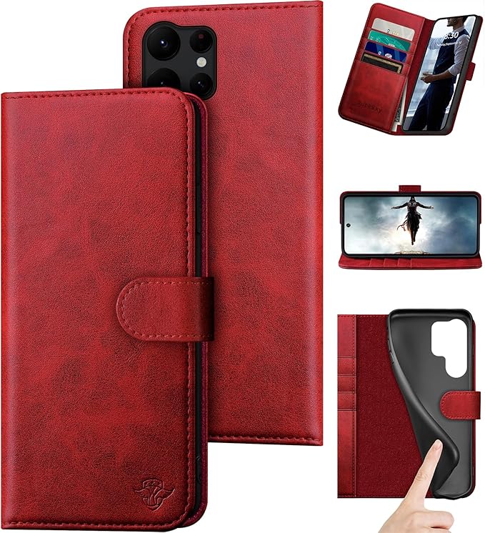 Compatible with Samsung Galaxy S25 Ultra Genuine Leather Wallet case【RFID Blocking】【4 Credit Card Holder】【Real Leather】 Flip Folio Book Phone case Cover Women Men for S25 Ultra case Red