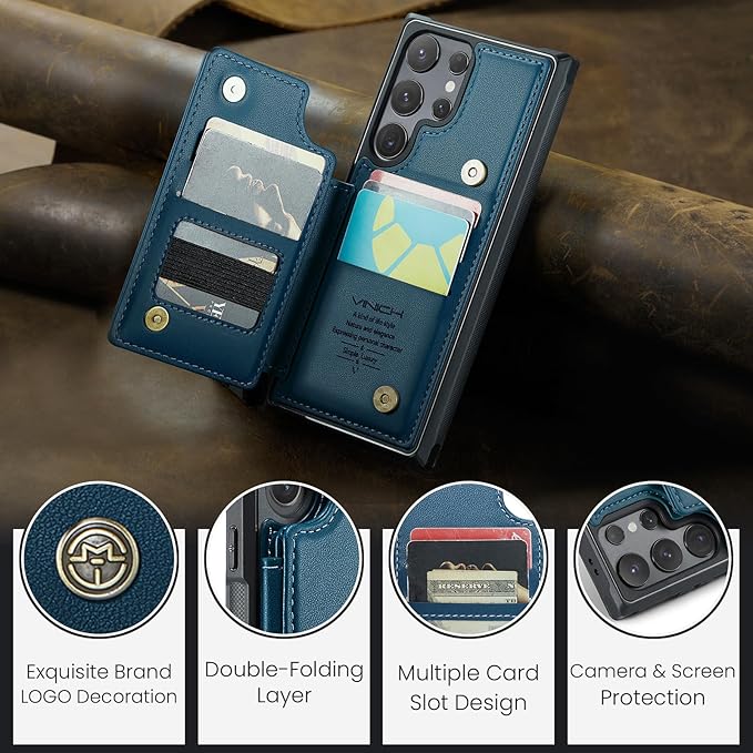 Vinich for Samsung Galaxy S25 Ultra Wallet Case with Card Holder, RFID Blocking Credit Slots Kickstand Shockproof Phone Cover for Women Men, Blue