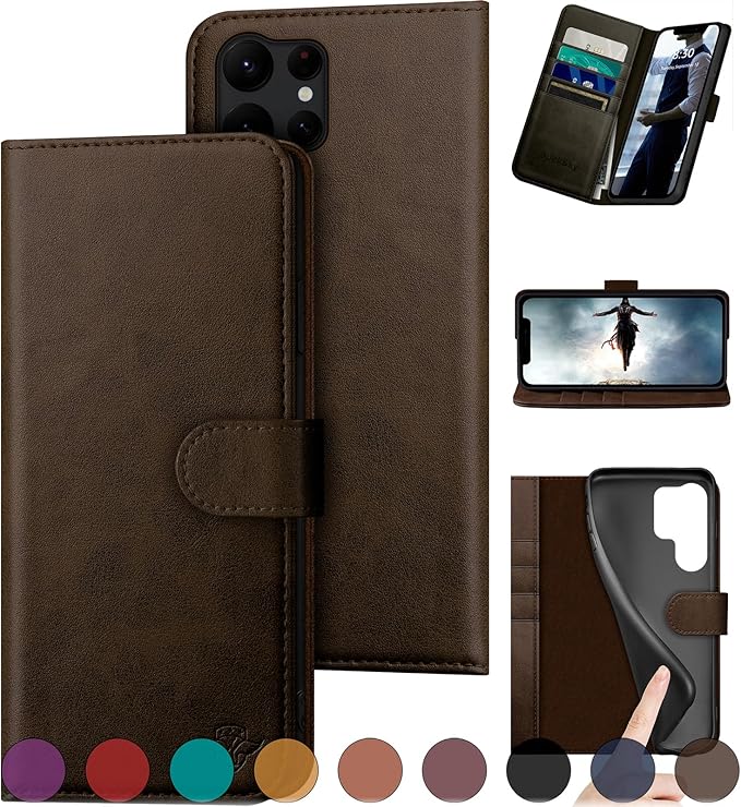 Compatible with Samsung Galaxy S25 Ultra Genuine Leather Wallet case【RFID Blocking】【4 Credit Card Holder】【Real Leather】 Flip Folio Book Phone case Cover Women Men for S25 Ultra case Brown