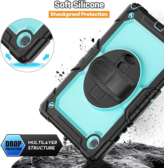 SEYMAC for Samsung Galaxy Tab A8 Case 10.5 (SM-X200/ X205/ X207), Heavy Duty Full-Body Shockproof Protective Case with Screen Protector, Rotating Stand, Hand/Shoulder Strap and Pen Holder, Sky Blue