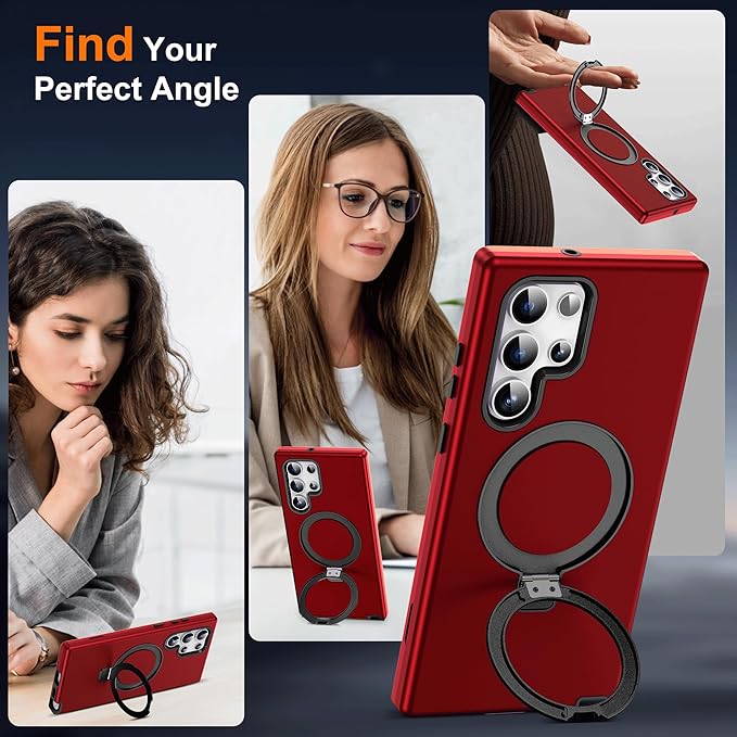 Designed for Samsung Galaxy S23 Ultra Case with Magnetic Ring Stand [Compatible with Mag-Safe][Build in Kickstand][Military Grade Drop Protection] Shockproof S23 Ultra Phone Case 6.8",Red