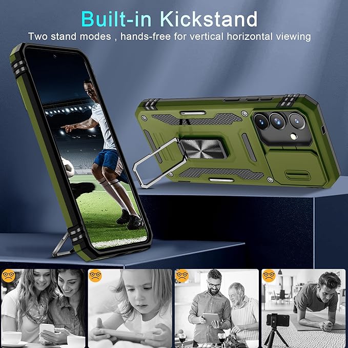 DEERLAMN Case for Samsung Galaxy S25 6.2-Inch with Slide Camera Cover+Screen Protector (1 Pack), Rotated Ring Kickstand Military Grade Shockproof Protective Cover-Olive Green