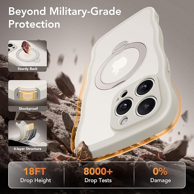 GolbinBox for iPhone 14 Pro Max Case for Women,[Compatible with Magsafe][360° Spin Magnetic Stand][Cute Wave Edge][Military-Grade Protection] Translucent Matte Phone Case for iPhone 14 ProMax, Stone