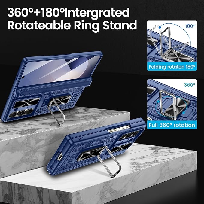 VEGO for Galaxy Z Fold 6 Case with Kickstand, Hinge Protection & Belt Clip Holster & Front Screen Protector & Slide Camera Cover Magnetic Kickstand Case for Samsung Galaxy Z Fold 6 5G - Blue