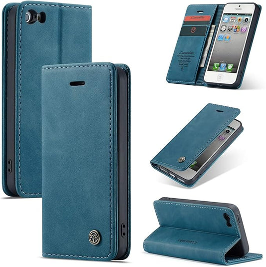for iPhone 5 / iPhone 5S / iPhone SE (2016) Case, Flip Wallet Leather Case with Card Holder Magnetic Closure Shockproof Kickstand Protective Phone Cases Cover for iPhone 5S,Blue-Green