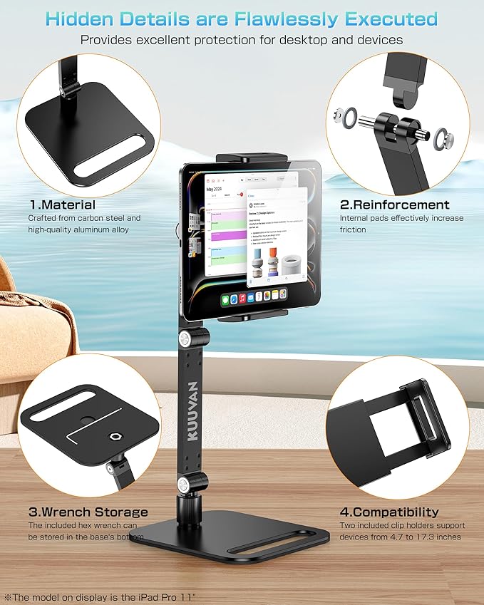 Tablet Stand Holder for iPad, Portable Monitor Stand Holder 15.6'',17.3'', Aluminum Alloy Foldable Arm Mount with 360° Swivel Desk Mount Compatible with 4.7-17.3inch Tablet, Cell Phone (Black)